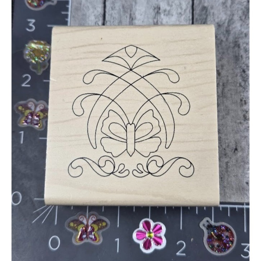 Pergmano Art Design Butterfly Flourish PS9 Rubber Stamp Wood #U90